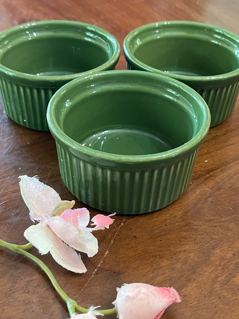 VTG Emile Henry France Green Ceramic Ramekins/Soufflé Cups Set of 3 (#10.02)